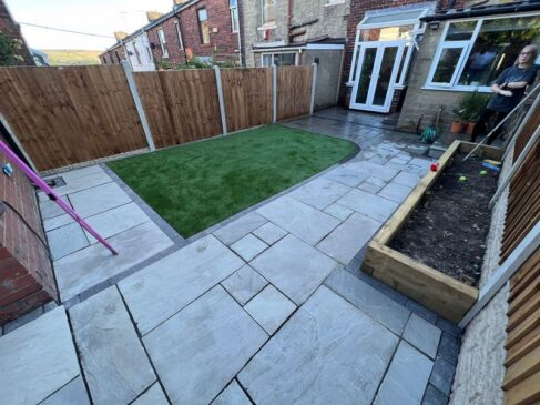 clitheroe patio indian sandstone astro turf flowerbeds 02