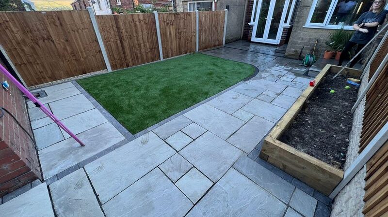 clitheroe patio indian sandstone astro turf flowerbeds 02