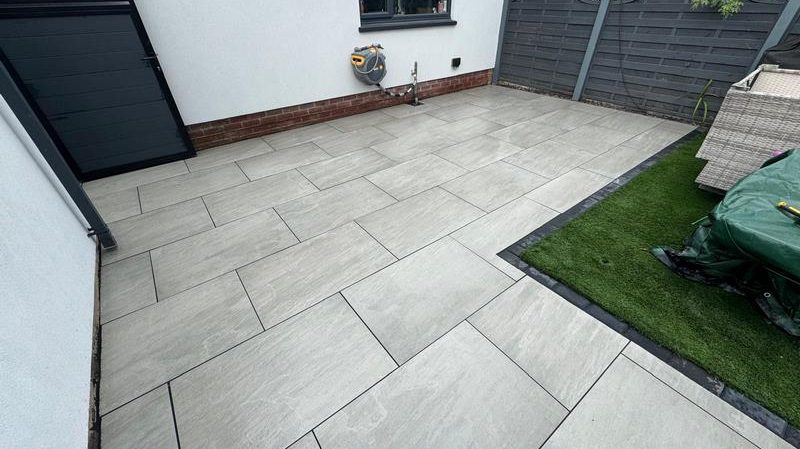 porcelain patio kindle grey charcoal paved brick edge clitheroe 14
