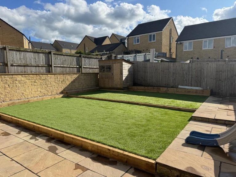 patio artificial grass wooden sleepers colne 07
