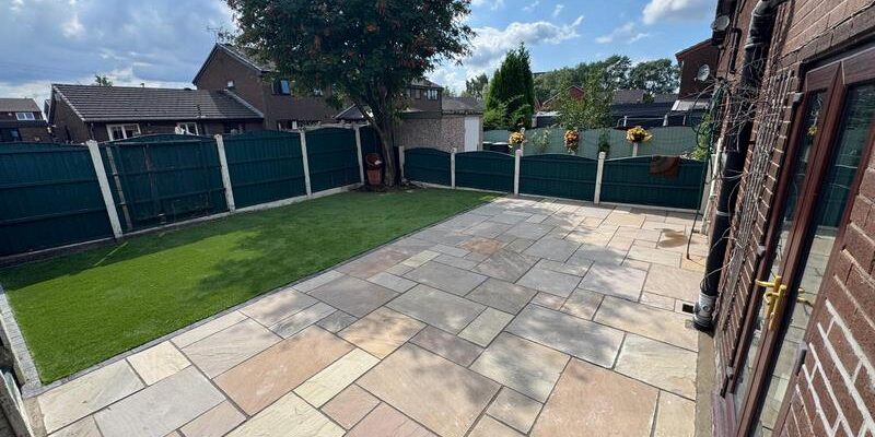 landscaping in manchester indian sandstone patio artificial grass middleton manchester 08
